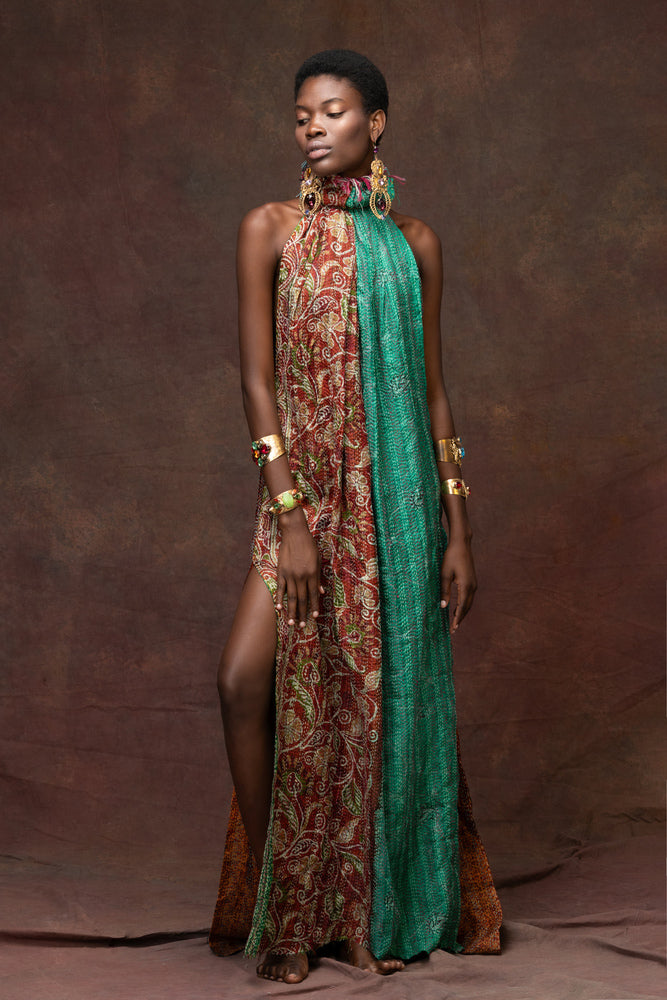 Unique Hand-Stitched Halter Maxi Dress