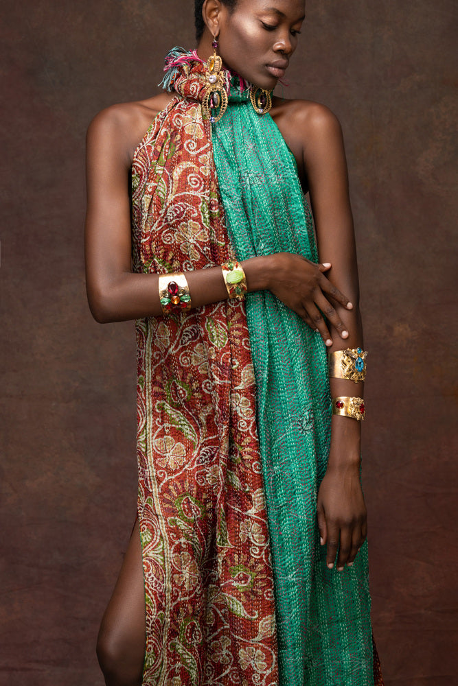 Unique Hand-Stitched Halter Maxi Dress