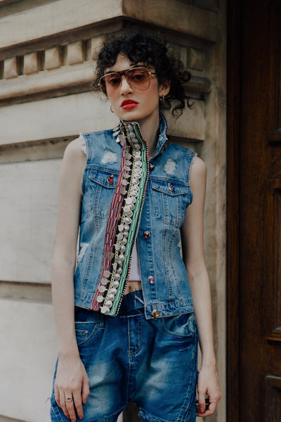 Classic denim vest with unique handmade coin embroidery bands