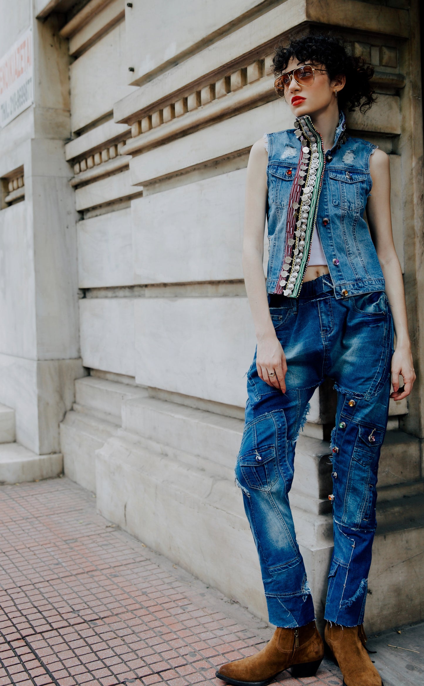 B.09 Denim vest with unique handmade coin embroidery bands