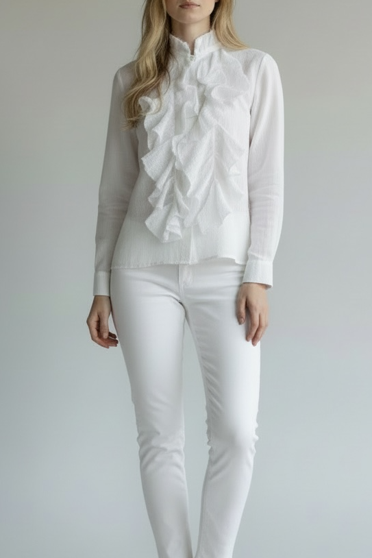Person wearing a white blouse with ruffles and white pants 