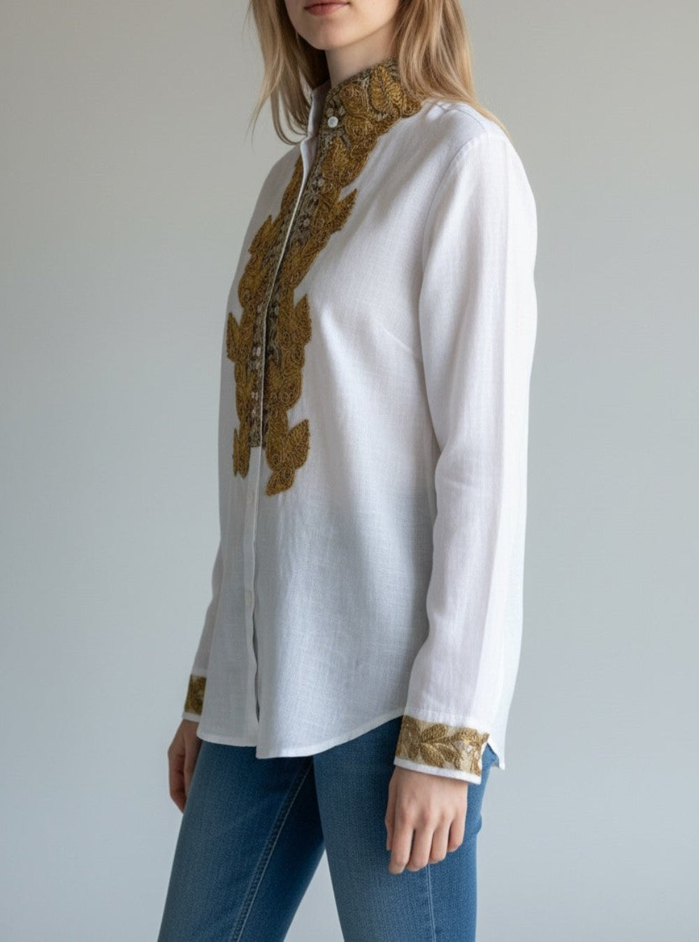 Linen with shirt with unique gold embroideries