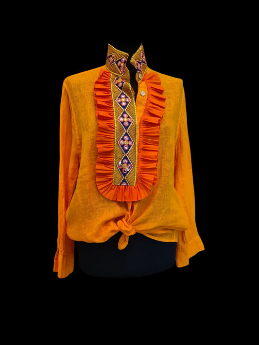Linen shirt with embroideries and cotton ruffles