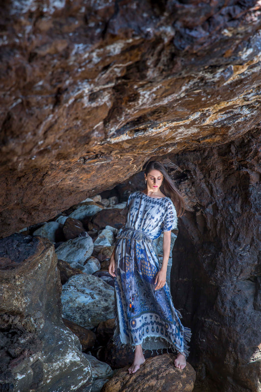 Linen printed caftan dress artwork by painter Sofia Datseri