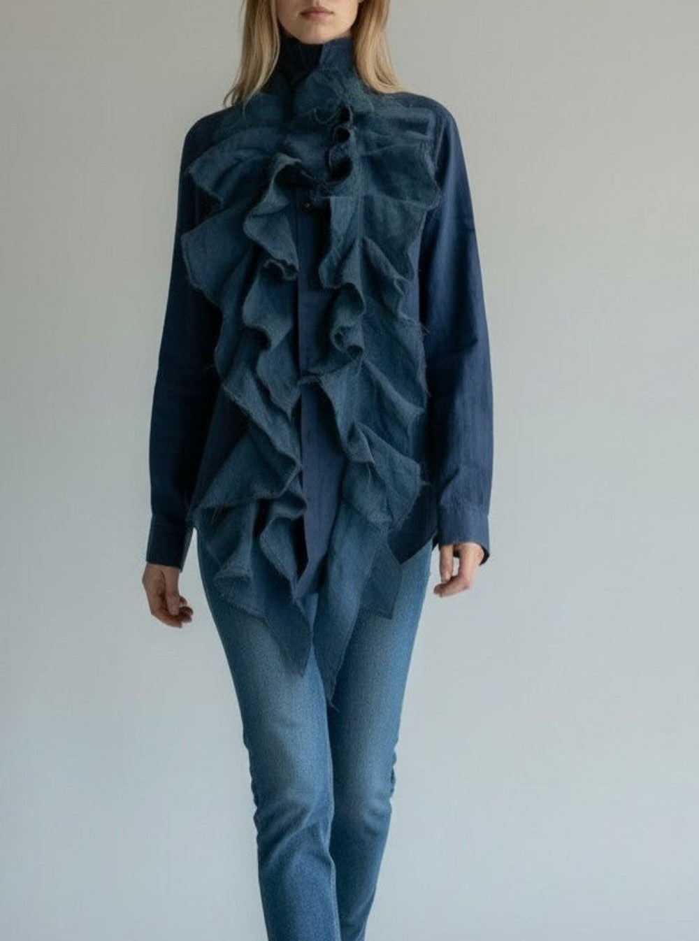 Linen blue shirt with blue linen ruffles