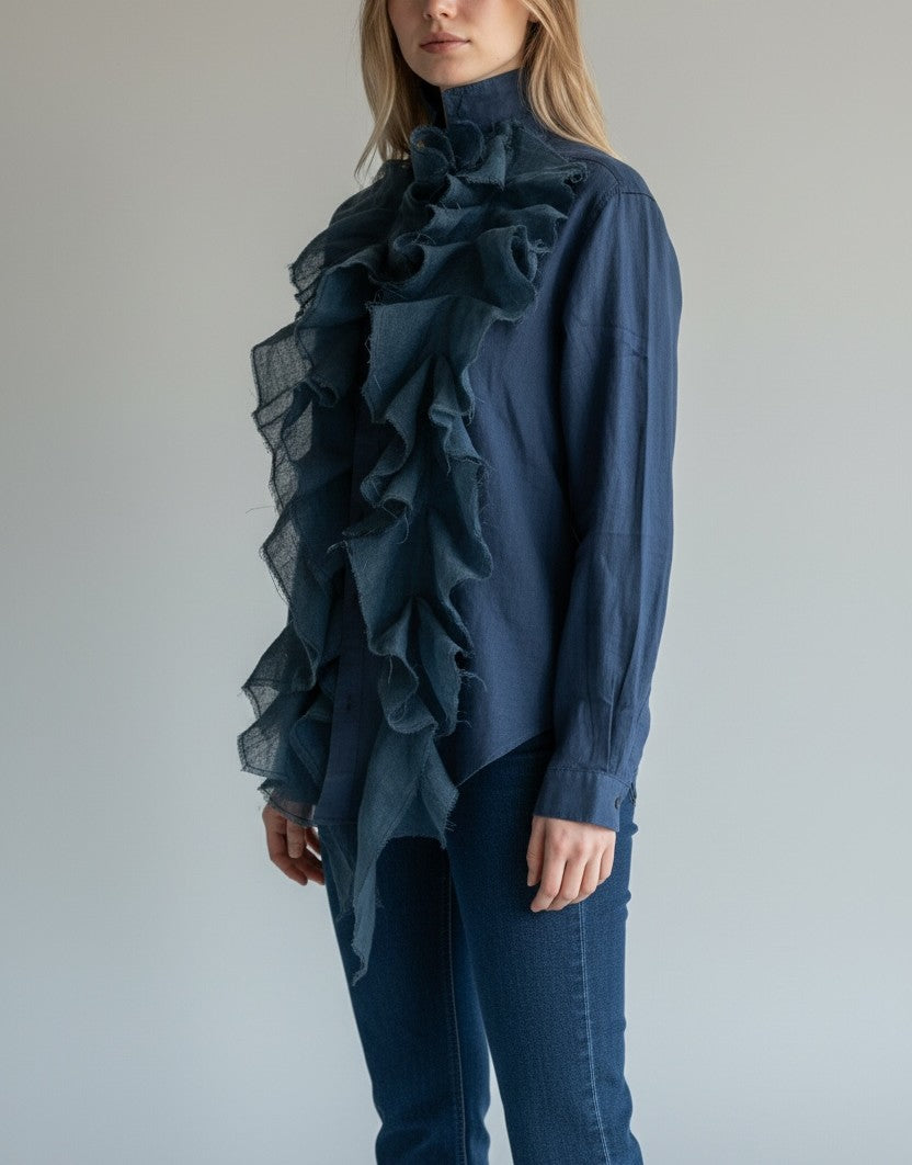 Linen blue Shirt With Ruffles