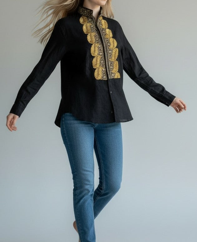 Linen black shirt with unique handmade embroideries