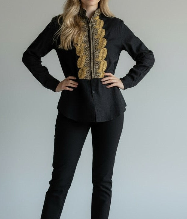 Linen black shirt with unique handmade embroideries
